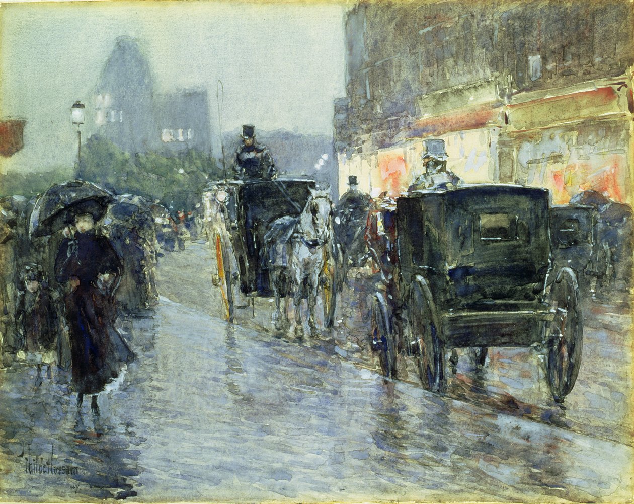 Taksówki konne wieczorem, Nowy Jork, ok. 1890 (akwarela i gwasz na papierze) autorstwa Childe Frederick Hassam