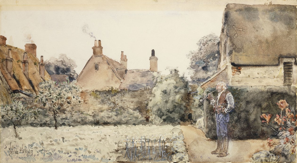 W ogrodzie, ok. 1889 (akwarela, chińska biel i ołówek na papierze ułożony na płycie) autorstwa Childe Frederick Hassam