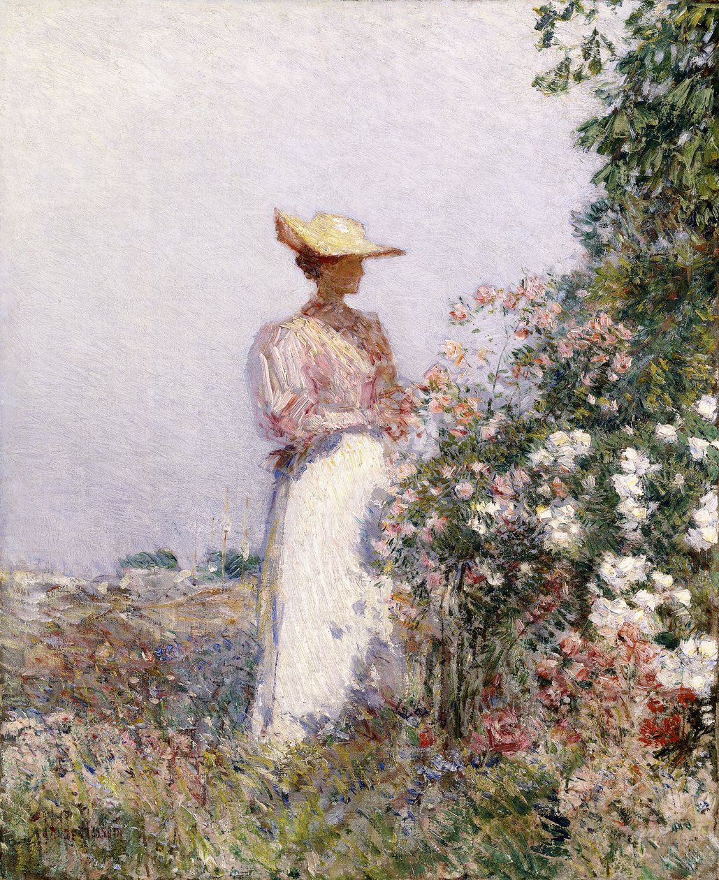 Pani w ogrodzie kwiatowym autorstwa Childe Frederick Hassam