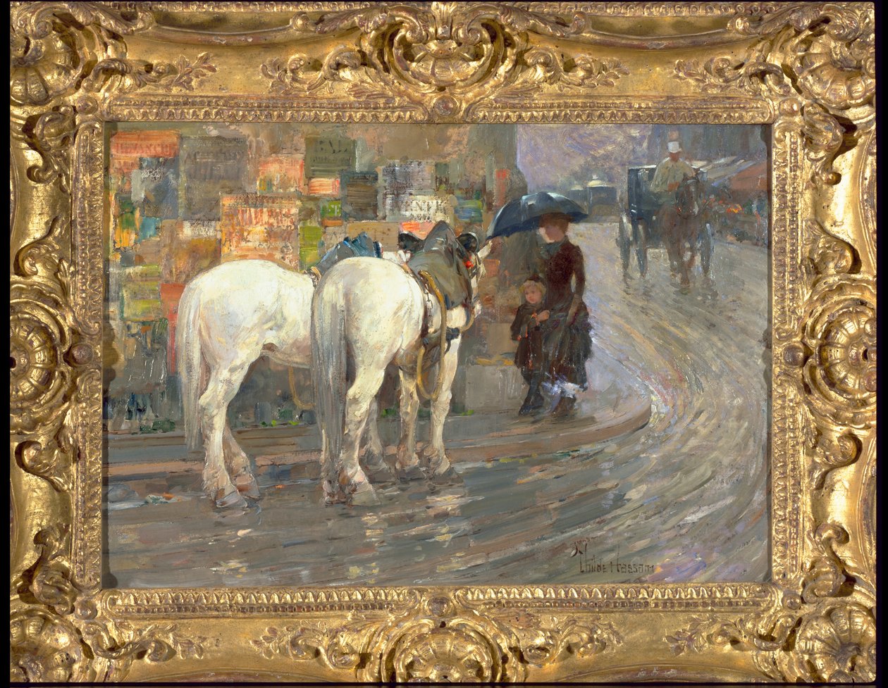 Paryska scena uliczna, c.1889 (olej na kartonie) autorstwa Childe Frederick Hassam