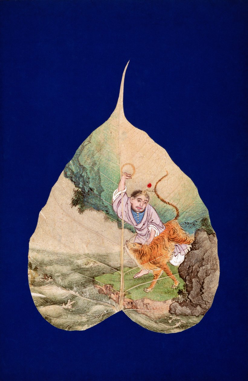 CBL C 1410 Bhadra z tygrysem (pióro i atrament oraz kolory na zamontowanym świętym liściu Bodhi) autorstwa Chinese School
