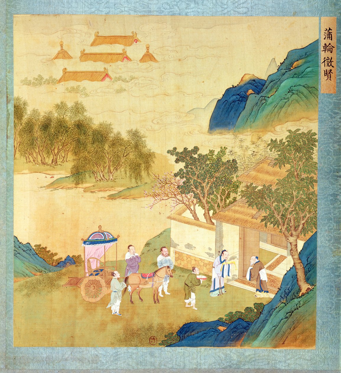 Cesarz Wu Ti (156-87 pne, r. 141-87 pne) witający literata, z historii cesarzy chińskich (kolor na jedwabiu) autorstwa Chinese School