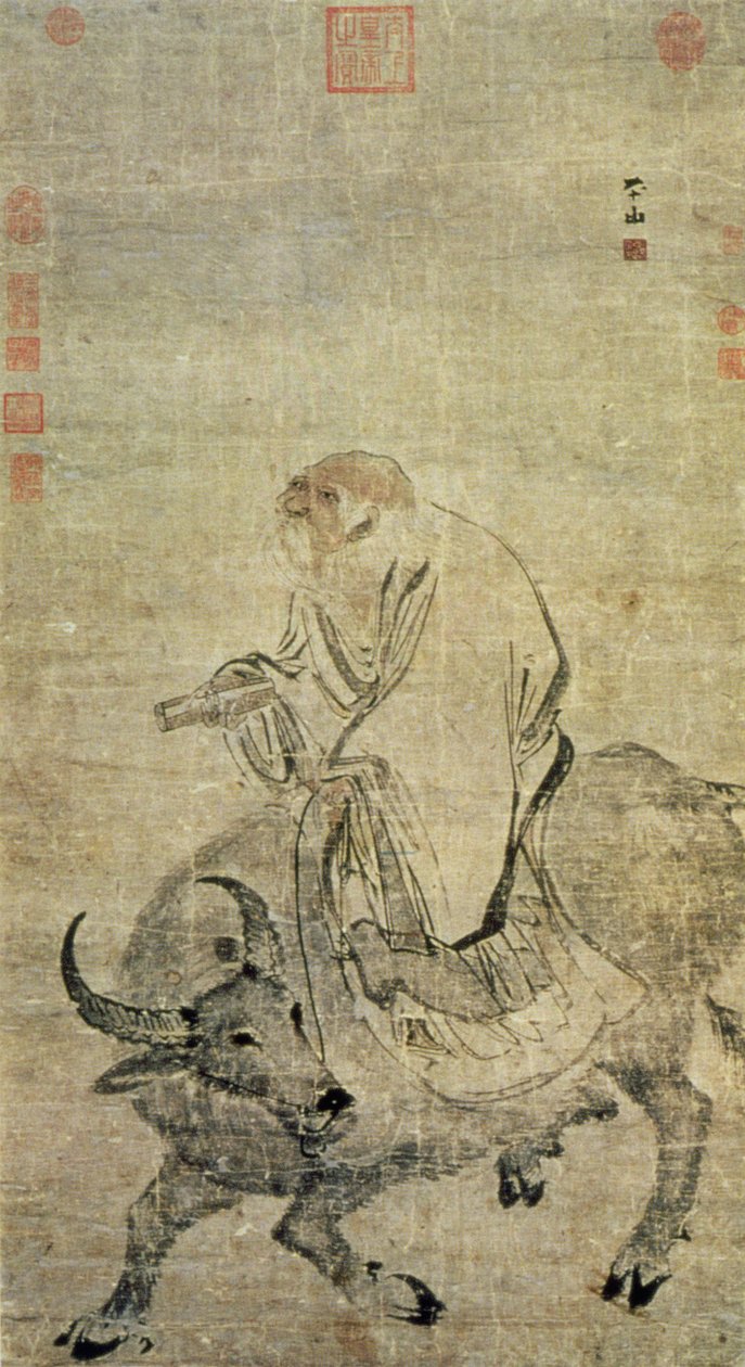 Lao-tzu (ok. 604-531 pne) dosiadający swojego wołu, Chińczyk, dynastia Ming (1368-1644) (atrament i toaleta na jedwabiu) autorstwa Chinese School