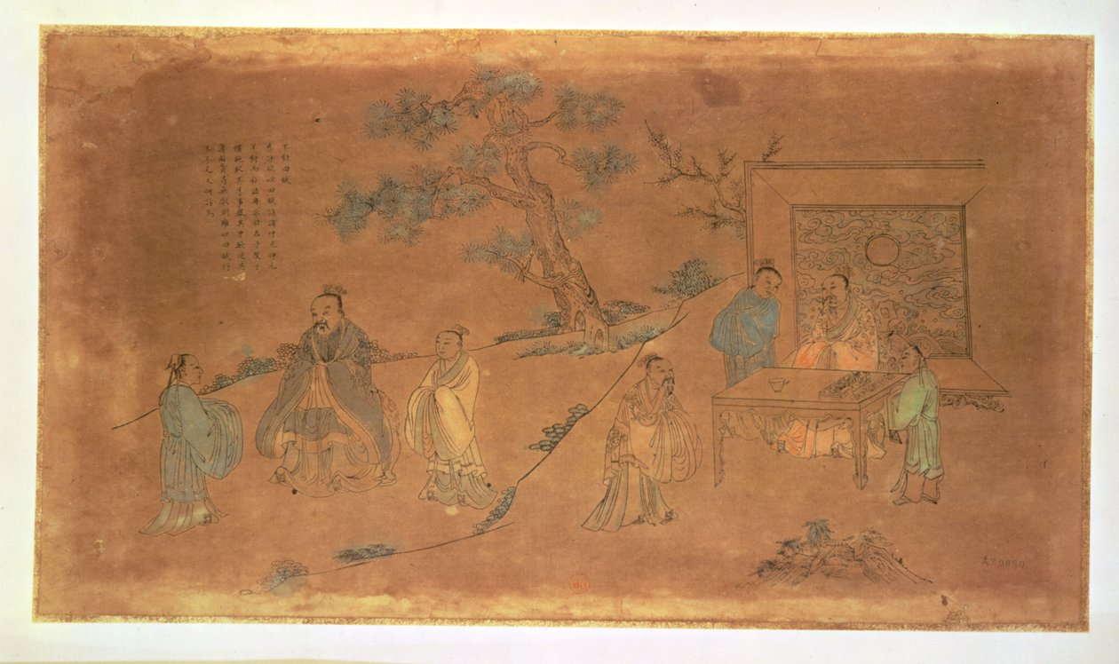 Scena z życia Konfucjusza (ok. 551-479 pne) i jego uczniów, dynastia Qing (1644-1912) (tusz, wc i sepia pranie na papierze) autorstwa Chinese School