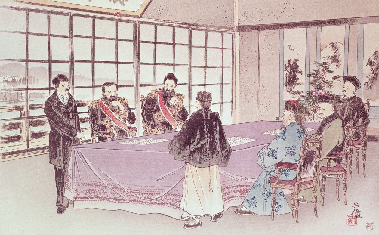 Japońscy ministrowie I-Tso i Mou-Tsou omawiają z chińskim wysłannikiem Ri-Ko-Sho warunki rozejmu Shimonoseki, 16 kwietnia 1895 autorstwa Chinese School