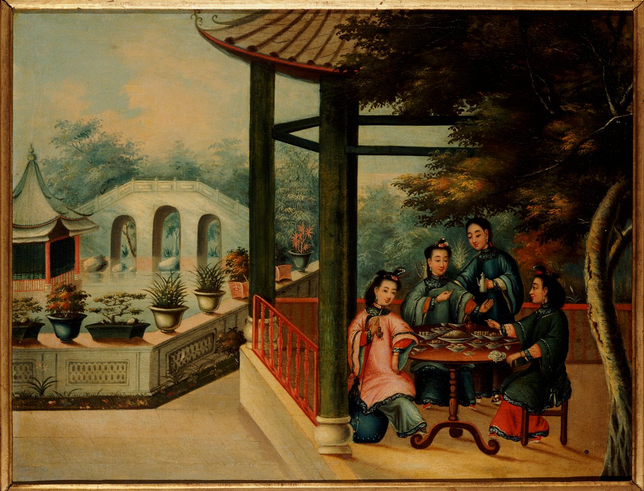 Scena chińskiego ogrodu z damami pijącymi herbatę, połowa XIX wieku autorstwa Chinese School