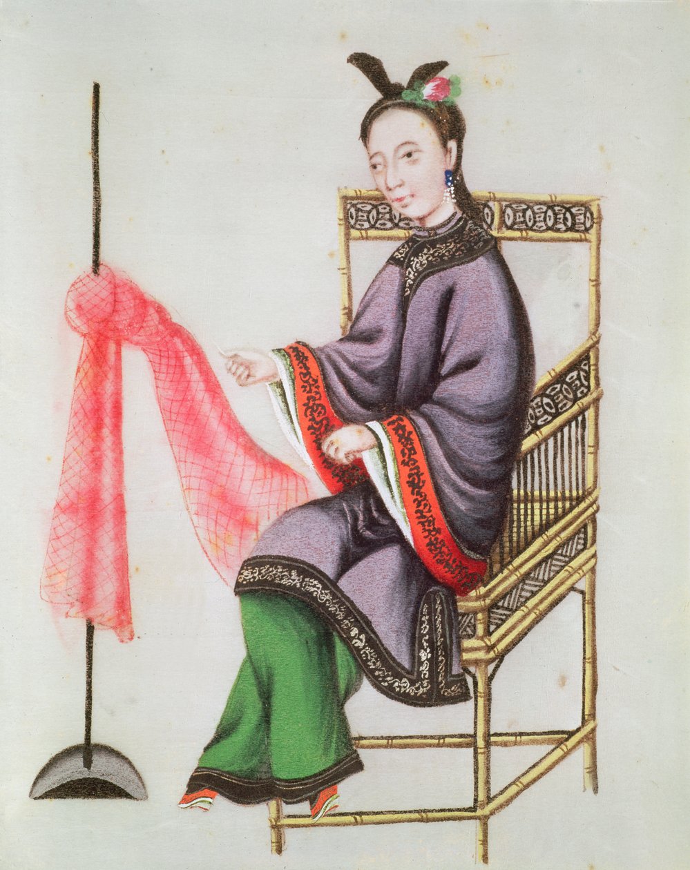 Chinka robiąca sieć rybacką, okres Qianlong (1736-96) (gwasz na papierze) autorstwa Chinese School