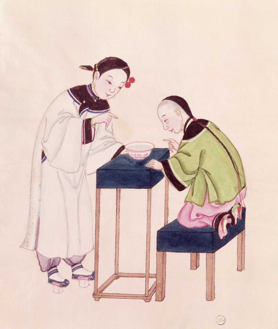 Dziewczyna szukająca szczęścia w misce z wodą (toaleta na papierze) autorstwa Chinese School