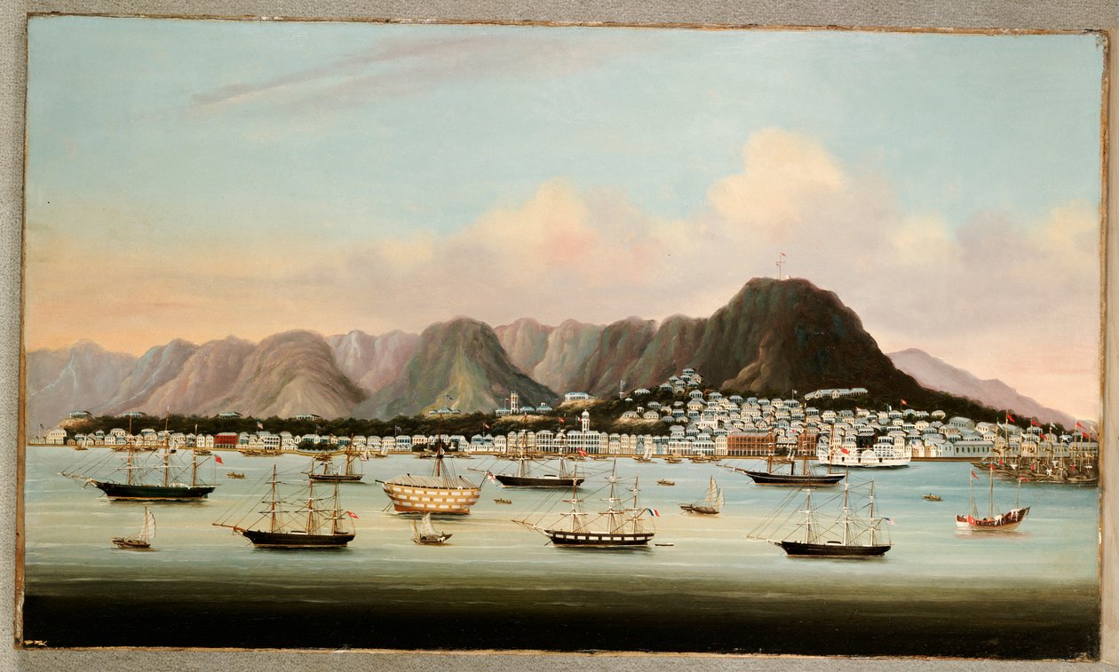 Widok Victorii, Hongkong, z Hulk H.M.S Princess Charlotte i amerykańską, brytyjską i francuską żeglugą, c.1862 autorstwa Chinese School