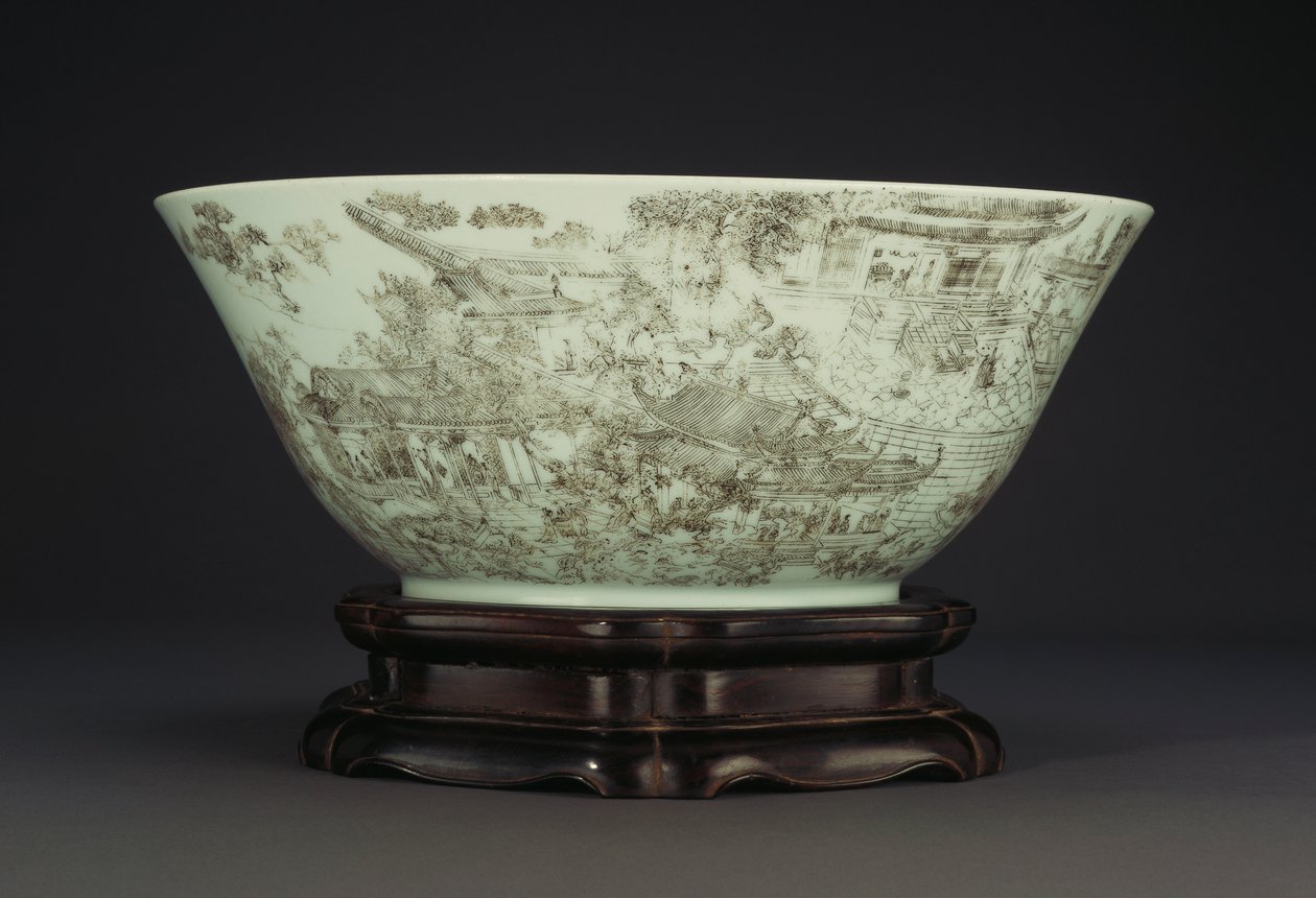 Duża nacinana porcelanowa misa przedstawiająca ciągłą scenę dam na terenie pałacu, 1796-1820 autorstwa Chinese School