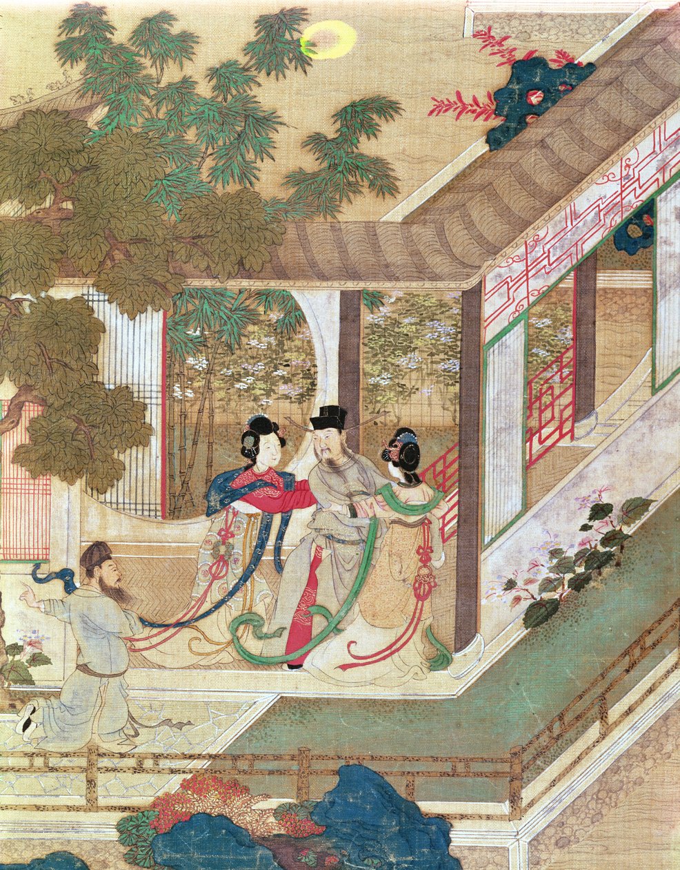Romantyczne spotkanie, ilustracja z tradycyjnej chińskiej powieści (wc na papierze) autorstwa Chinese School