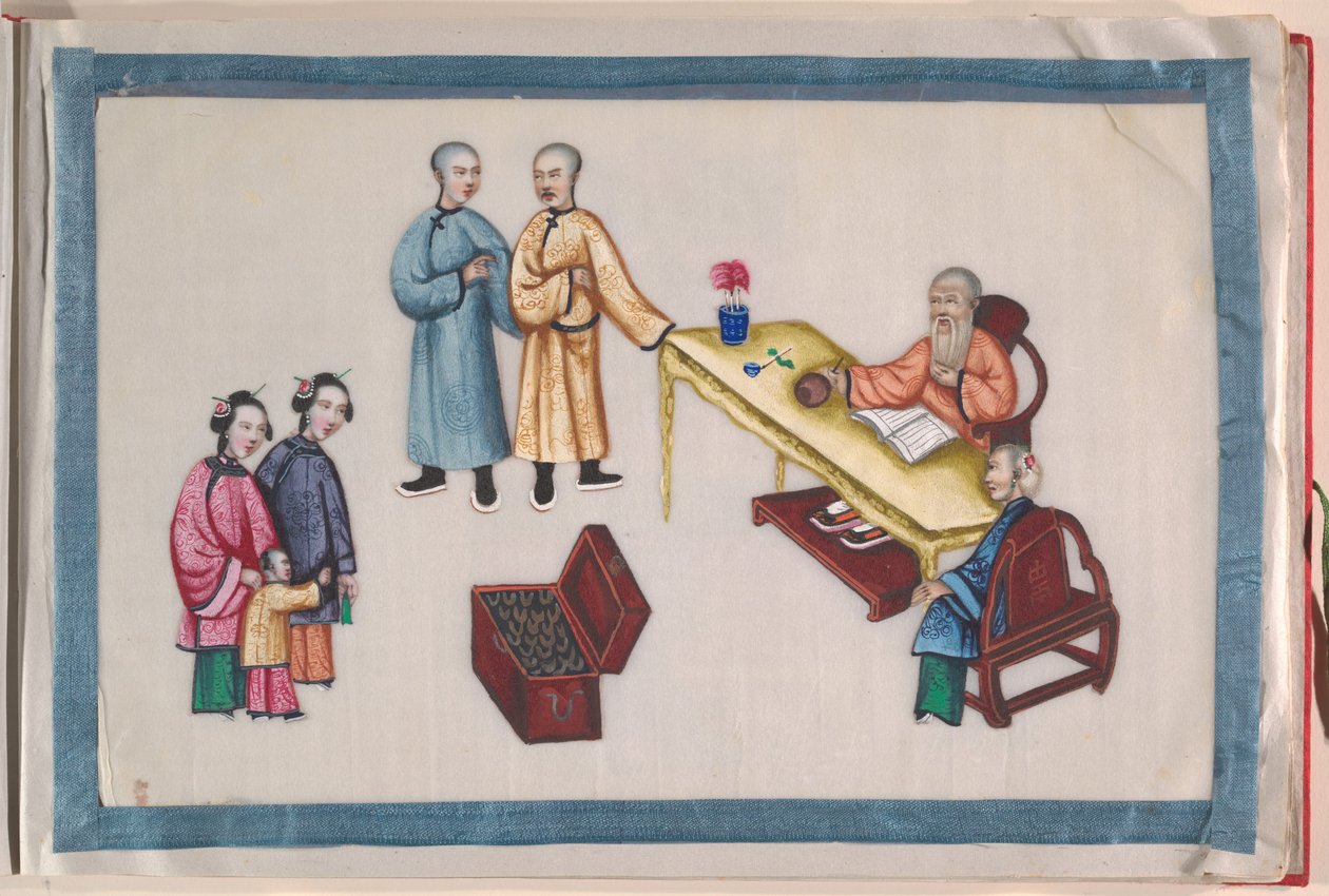 Album, koniec XIX wieku (album z dwunastoma liśćmi; tusz i kolor na papierze pakowym, oprawiony w czerwony adamaszek) autorstwa Chinese School