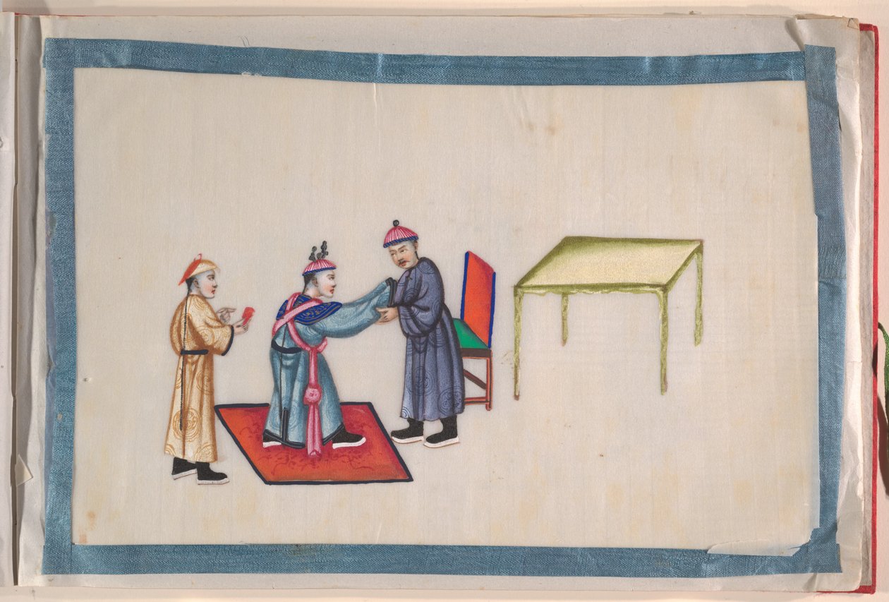 Album, koniec XIX wieku (album z dwunastoma liśćmi; tusz i kolor na papierze pakowym, oprawiony w czerwony adamaszek) autorstwa Chinese School