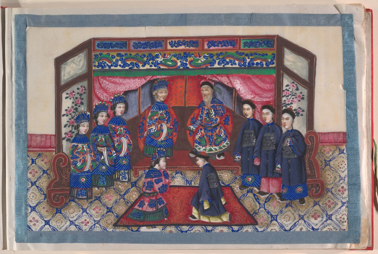 Album, koniec XIX wieku (album z dwunastoma liśćmi; tusz i kolor na papierze pakowym, oprawiony w czerwony adamaszek) autorstwa Chinese School