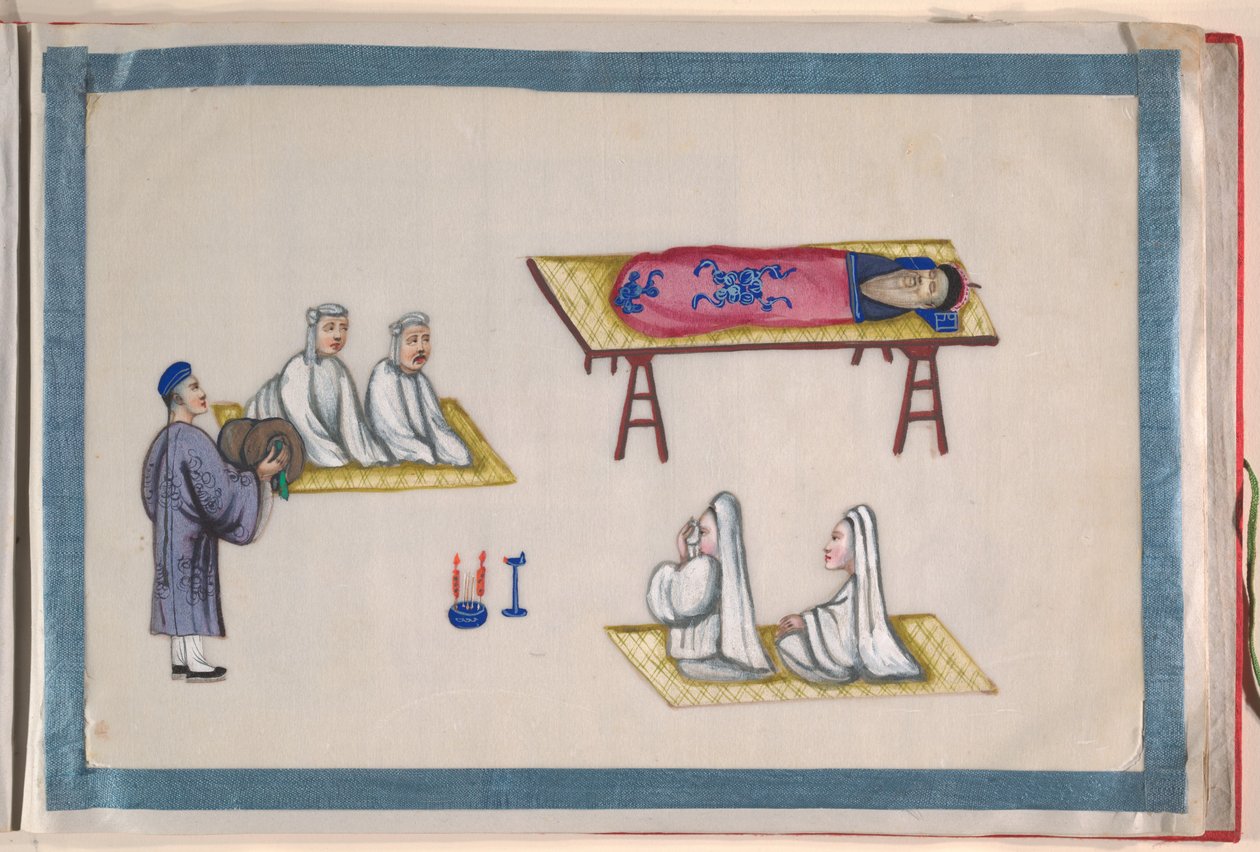 Album, koniec XIX wieku (album z dwunastoma liśćmi; tusz i kolor na papierze pakowym, oprawiony w czerwony adamaszek) autorstwa Chinese School