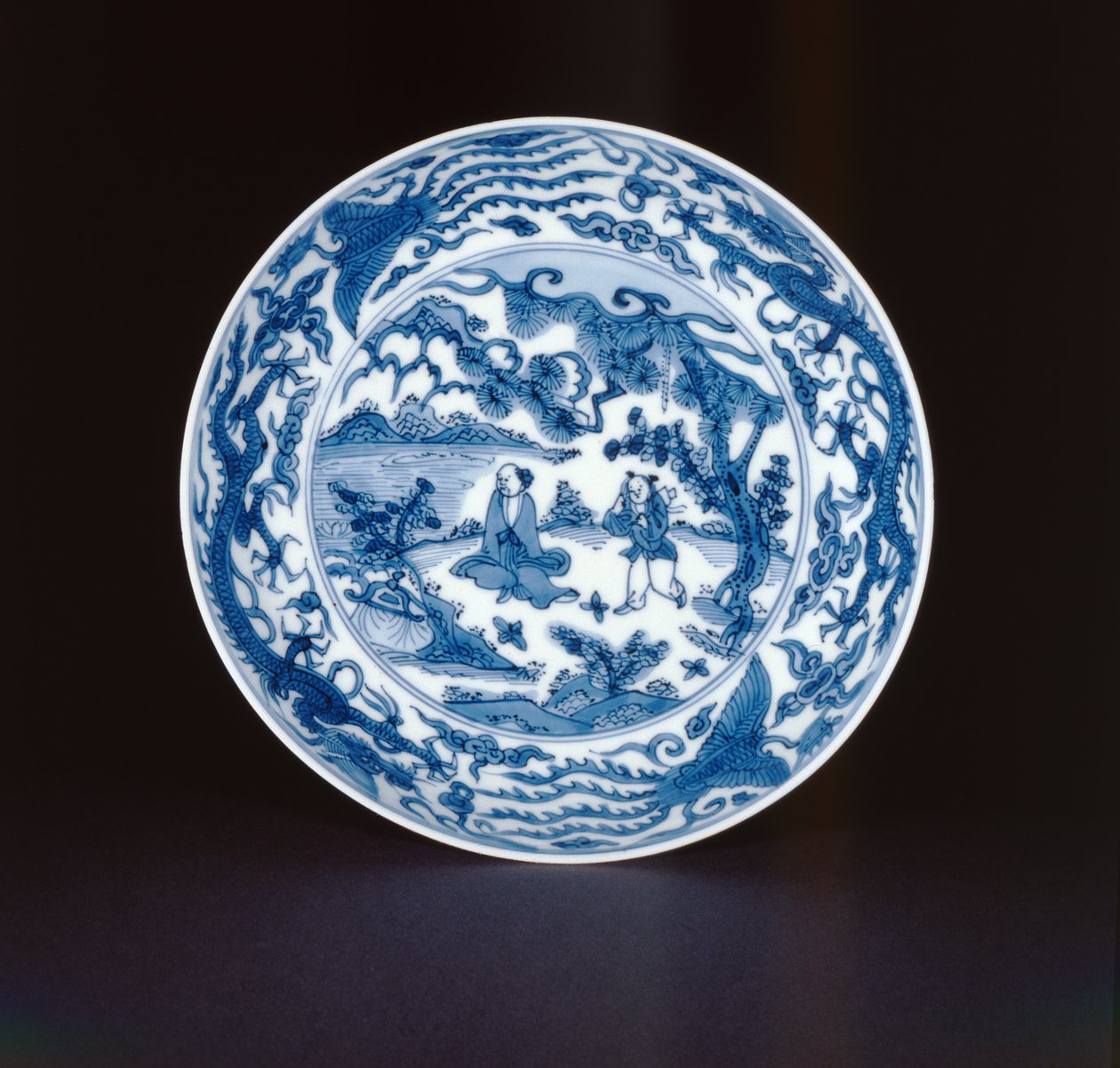 Naczynie niebiesko-białe malowane z szałwią i sługą, znak i okres Wanli, 1573-90 (porcelana) autorstwa Chinese School