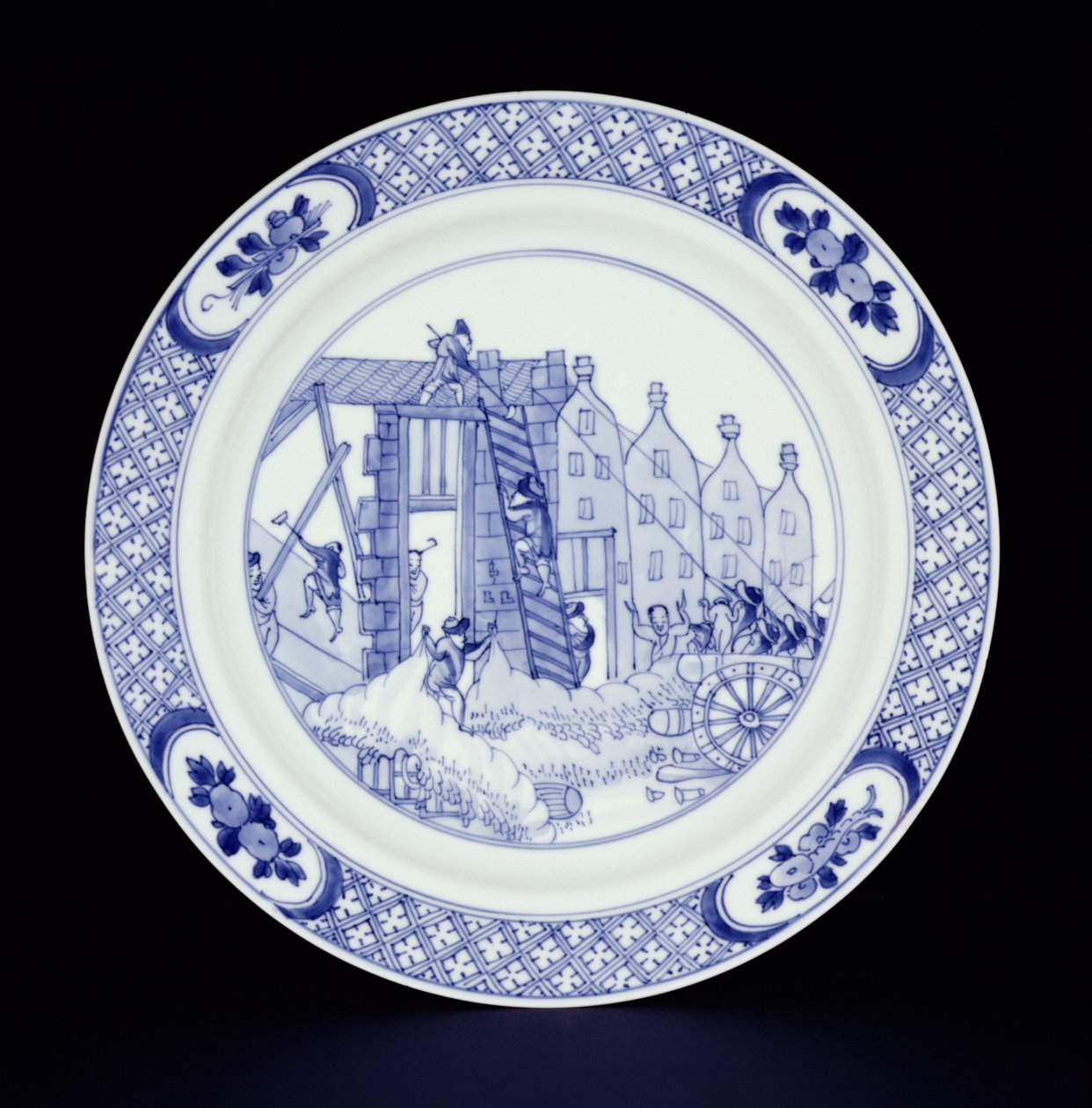 Niebiesko-biała tablica przedstawiająca zamieszki w Rotterdamie (porcelana) autorstwa Chinese School