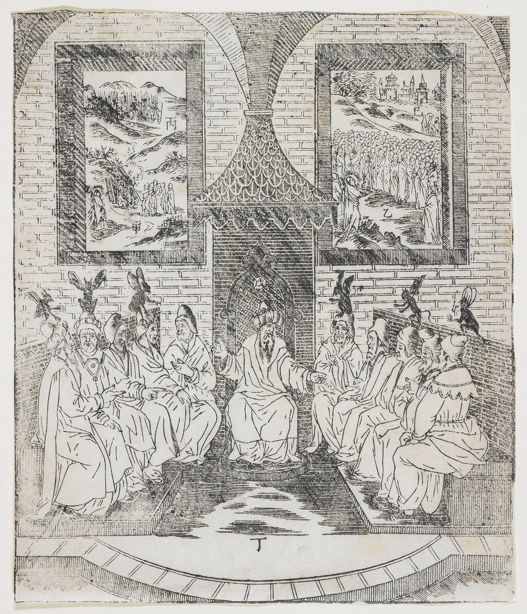 Kajfasz i Rada Starszych, płyta z Giulio Alenis Tianzhu jiangsheng zhuxiang jingjie (Ilustrowana historia Pana Nieba, który wcielił się w ciało), Kościół Jinjiang, Fuji autorstwa Chinese School