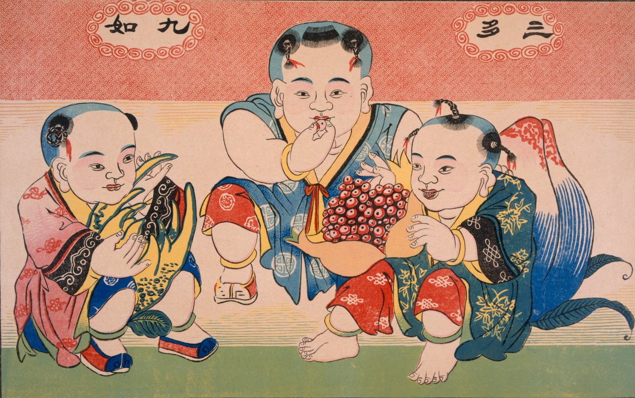 Dzieci jedzące owoce (drewnodruk) autorstwa Chinese School