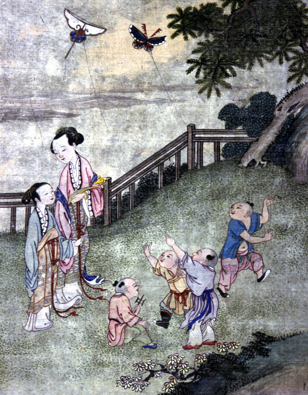 Dzieci bawiące się latawcem, połowa XIX w. (druk) autorstwa Chinese School