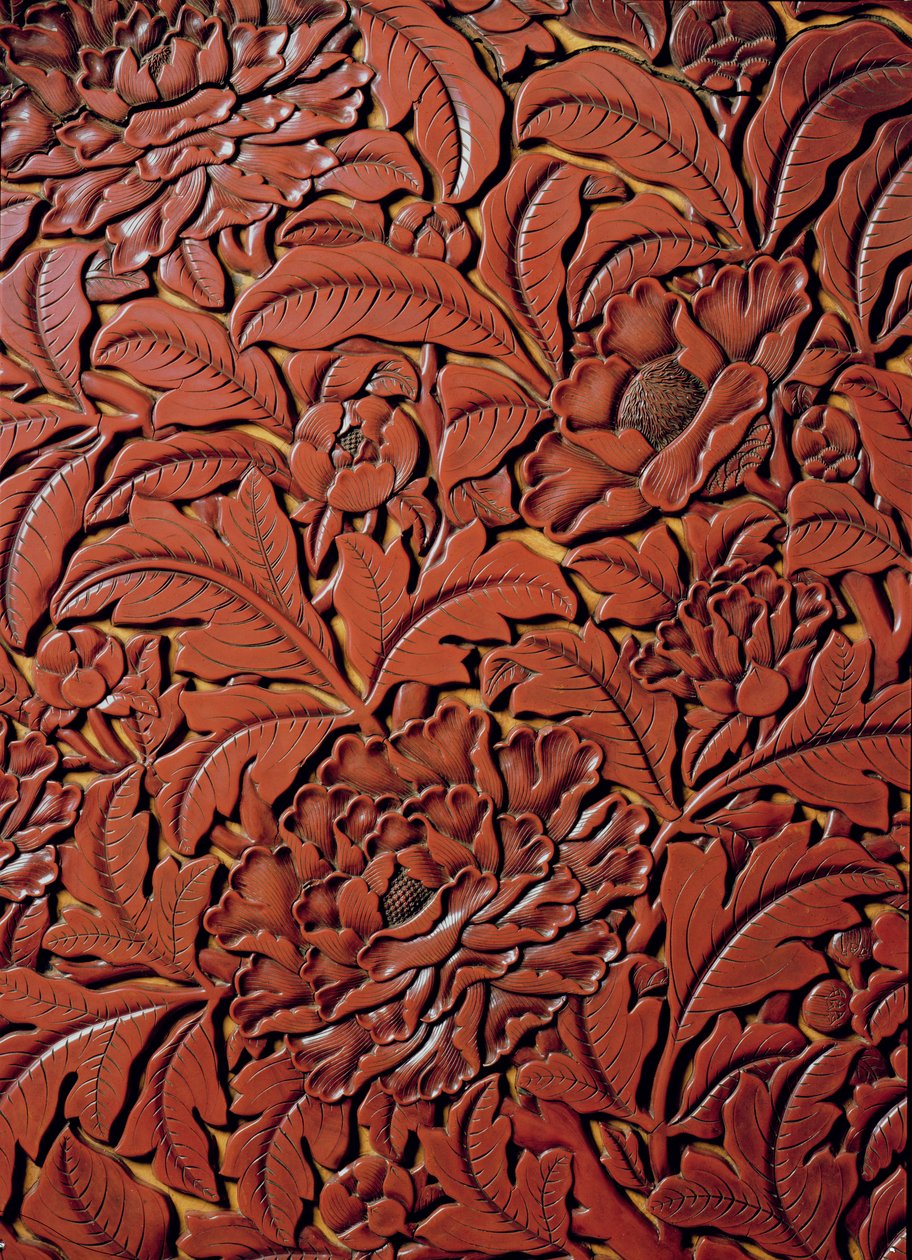 Fragment rzeźbionego naczynia ze znakiem Xuande (1426-36) w podstawie, chiński (czerwony lakier na drewnie) autorstwa Chinese School