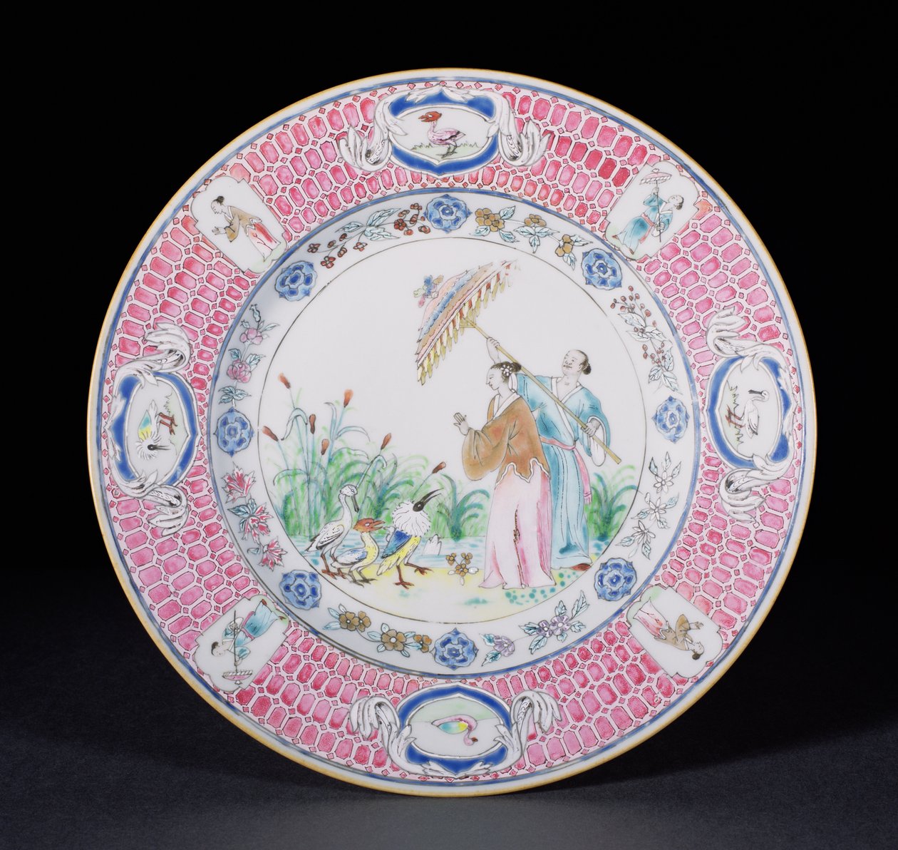 Talerz obiadowy malowany farbą Famille Rose przedstawiający La Dame au Parasol, według projektu Cornelisa Pronka (1691-1759) okres Qianlong (1736-95) c.1734 (porcelana) autorstwa Chinese School