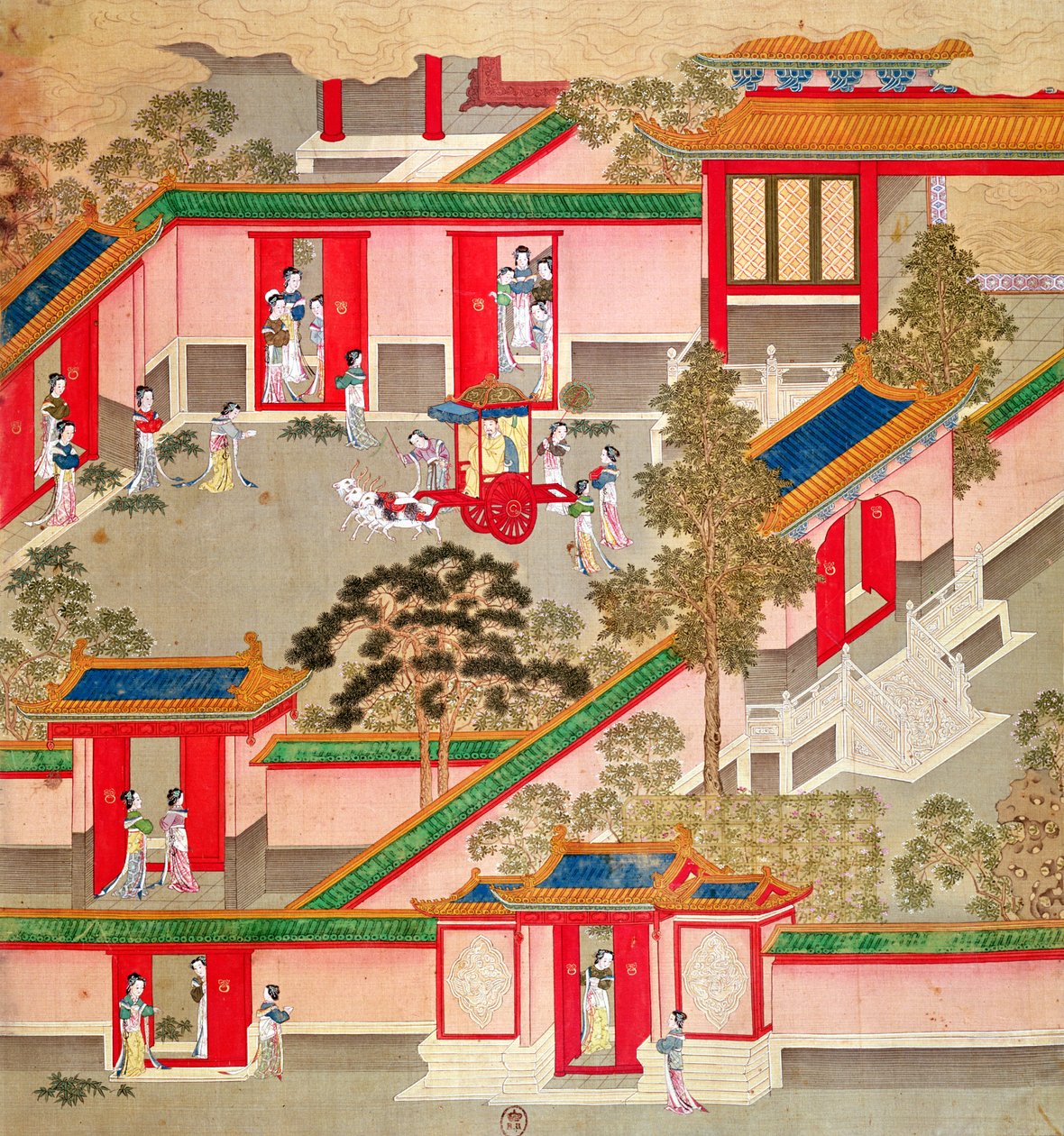 Cesarz Wu Ti (156-87, r.141-87 pne), opuszczając swój pałac, z historii cesarzy chińskich (kolor na jedwabiu) autorstwa Chinese School
