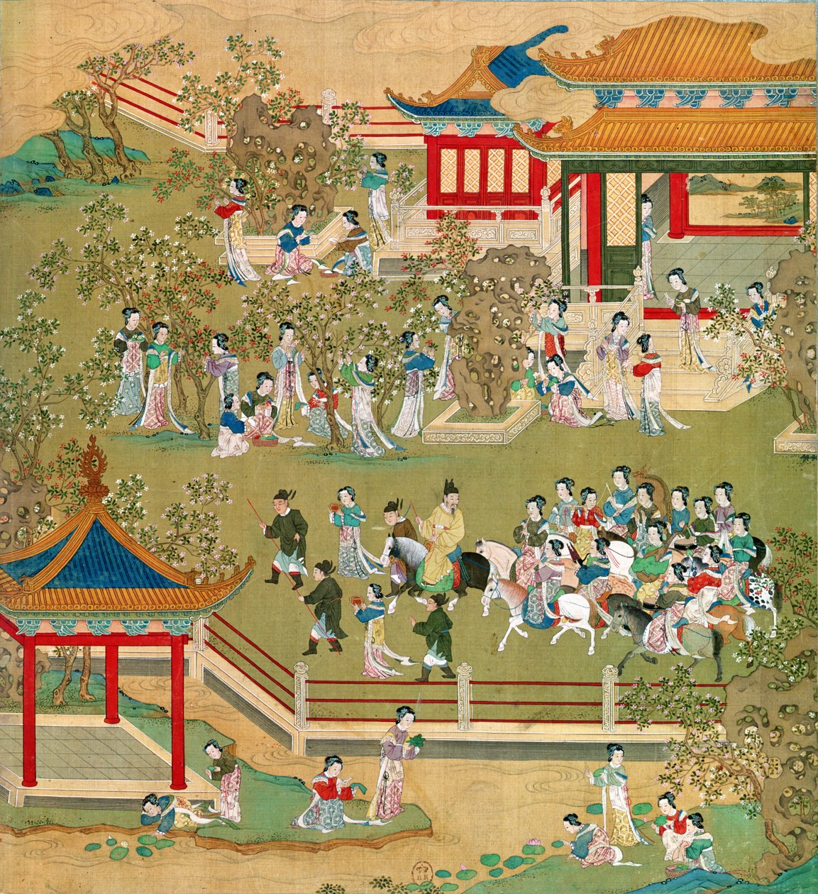Cesarz Yang Ti (581-618) spacerujący po swoich ogrodach ze swoimi żonami, z historii cesarzy chińskich (kolor na jedwabiu) (patrz także 176855) autorstwa Chinese School