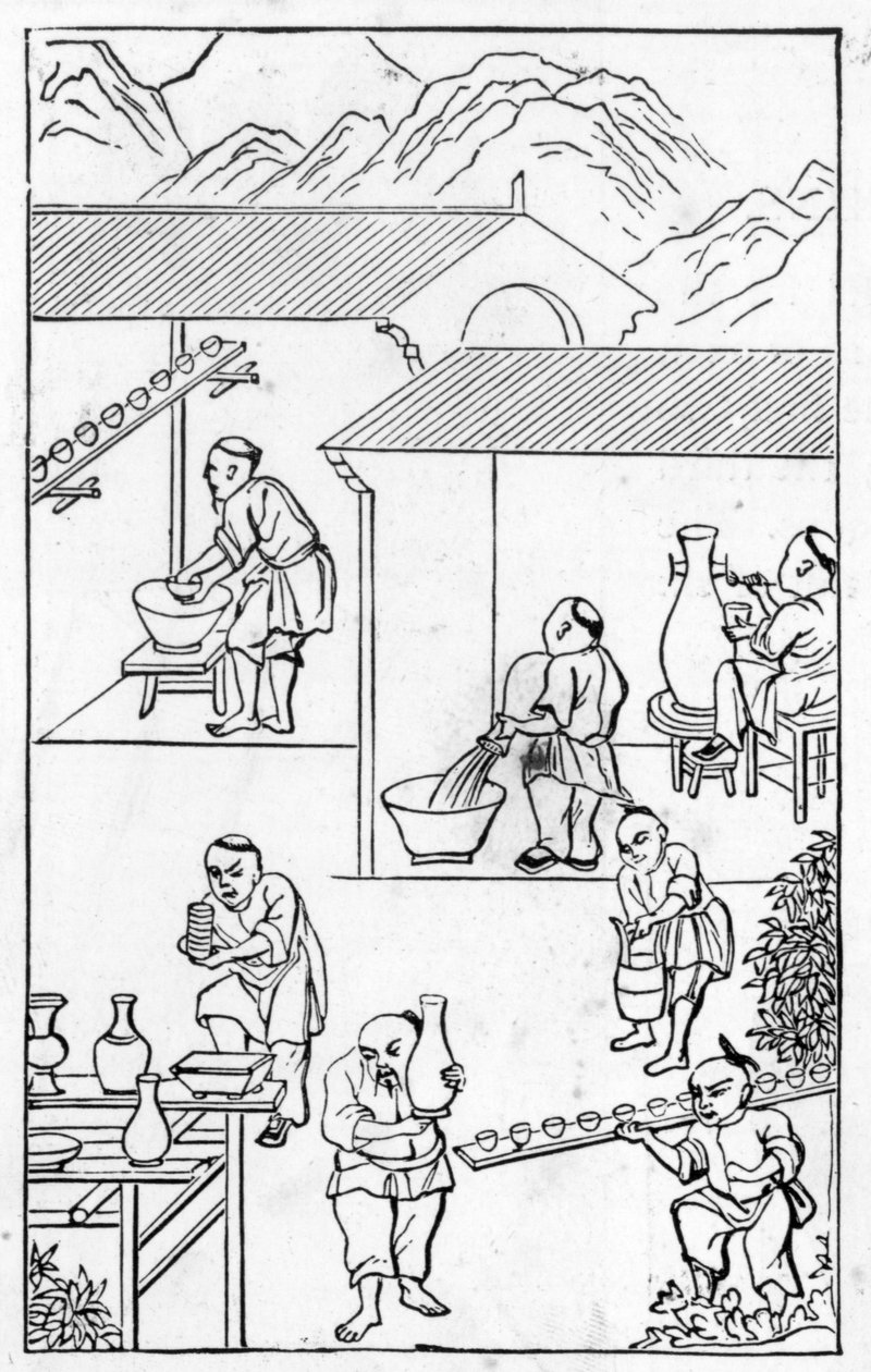 Emaliowanie, z serii ilustracji dotyczących produkcji porcelany (patrz 384116 i 384117 dla całej serii) autorstwa Chinese School