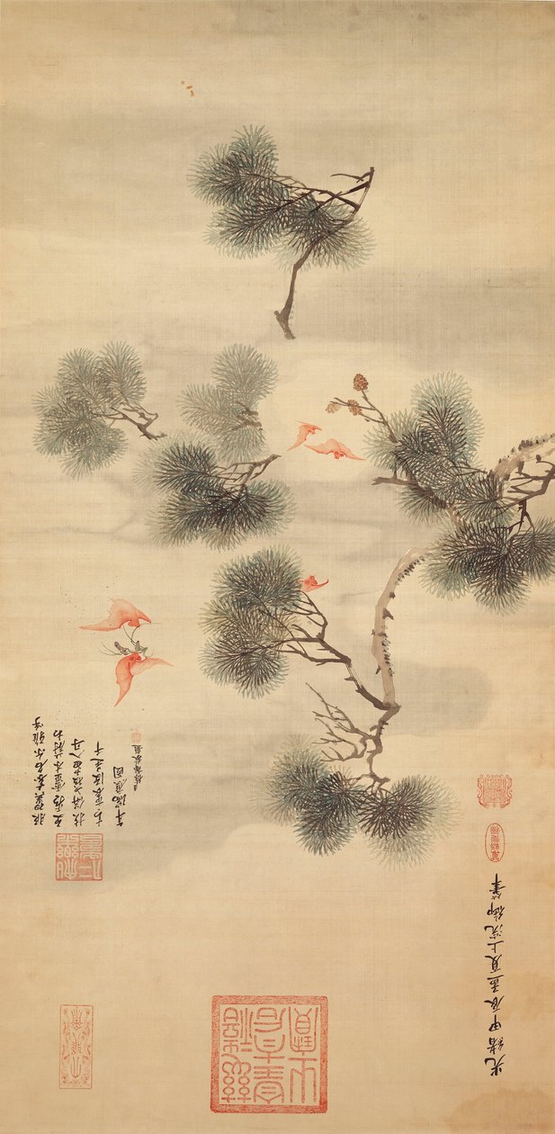 Pięć nietoperzy wśród gałęzi sosny, 1844 autorstwa Chinese School