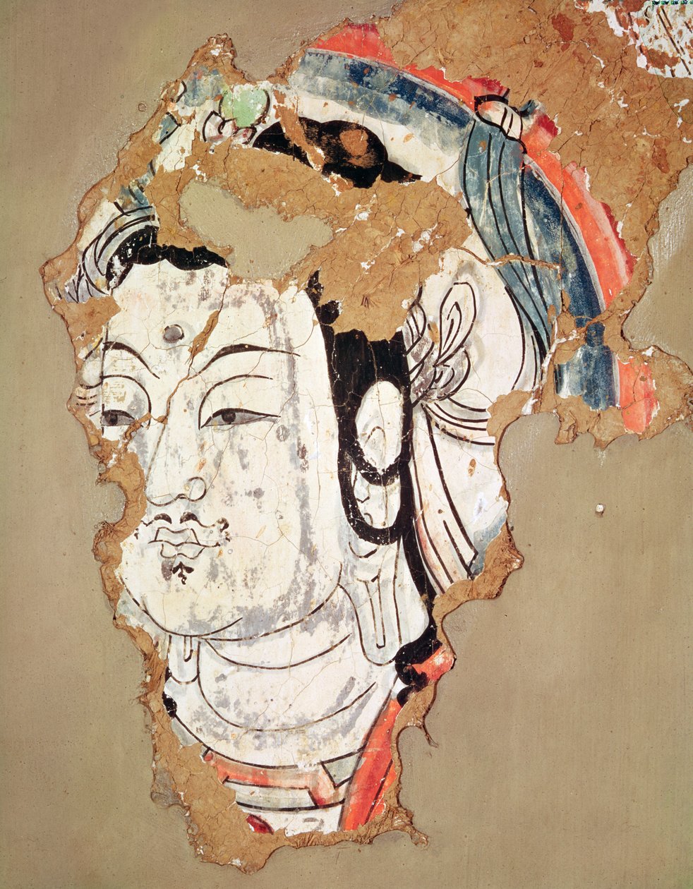 Głowa Buddy z aureolą, z Kao-chang, Xinjiang, chiński Turkiestan, VIII-IX w. autorstwa Chinese School