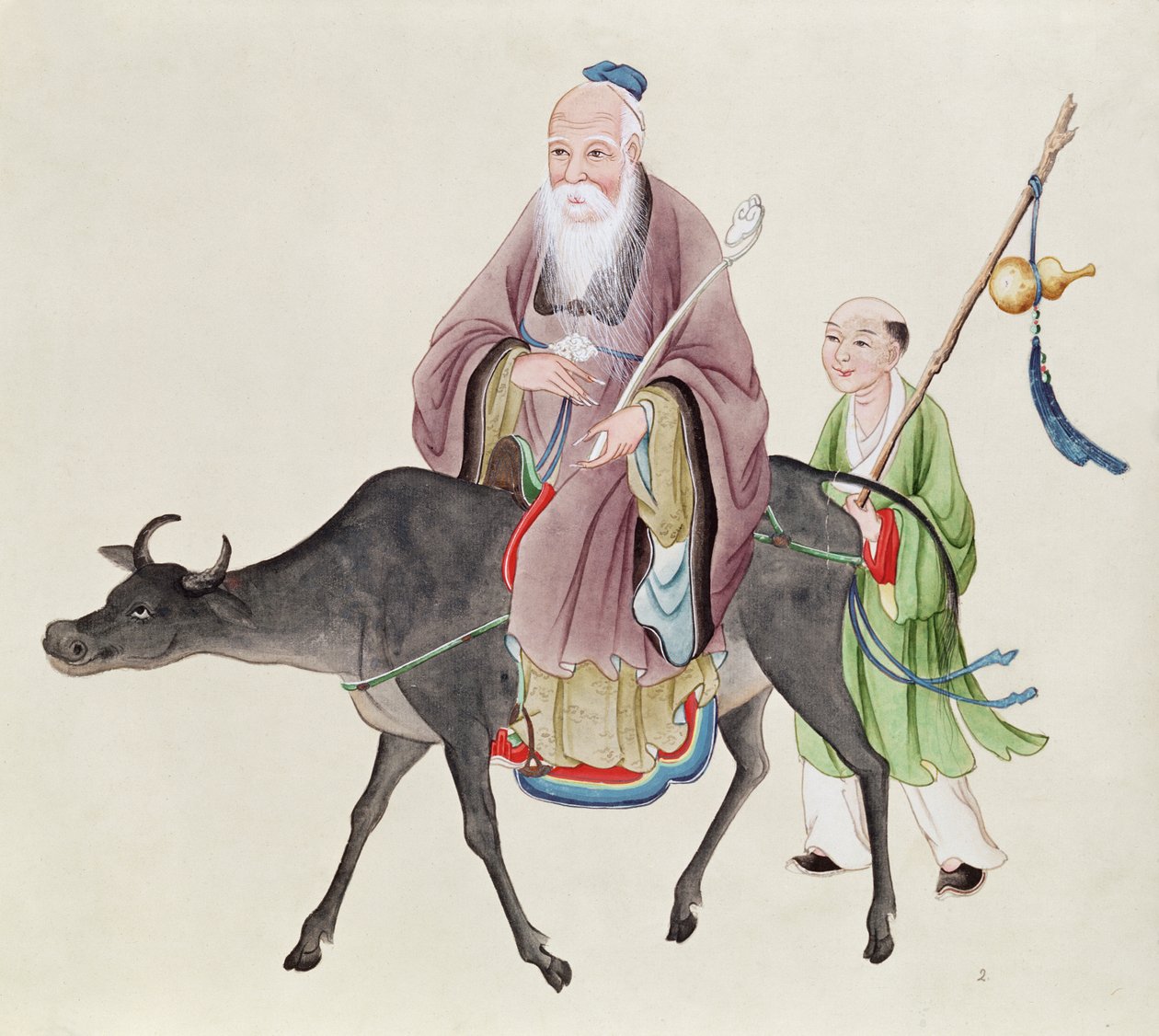 Lao-Tzu (ok. 604-531) na swoim bawole, a za nim uczeń (wc na papierze) autorstwa Chinese School