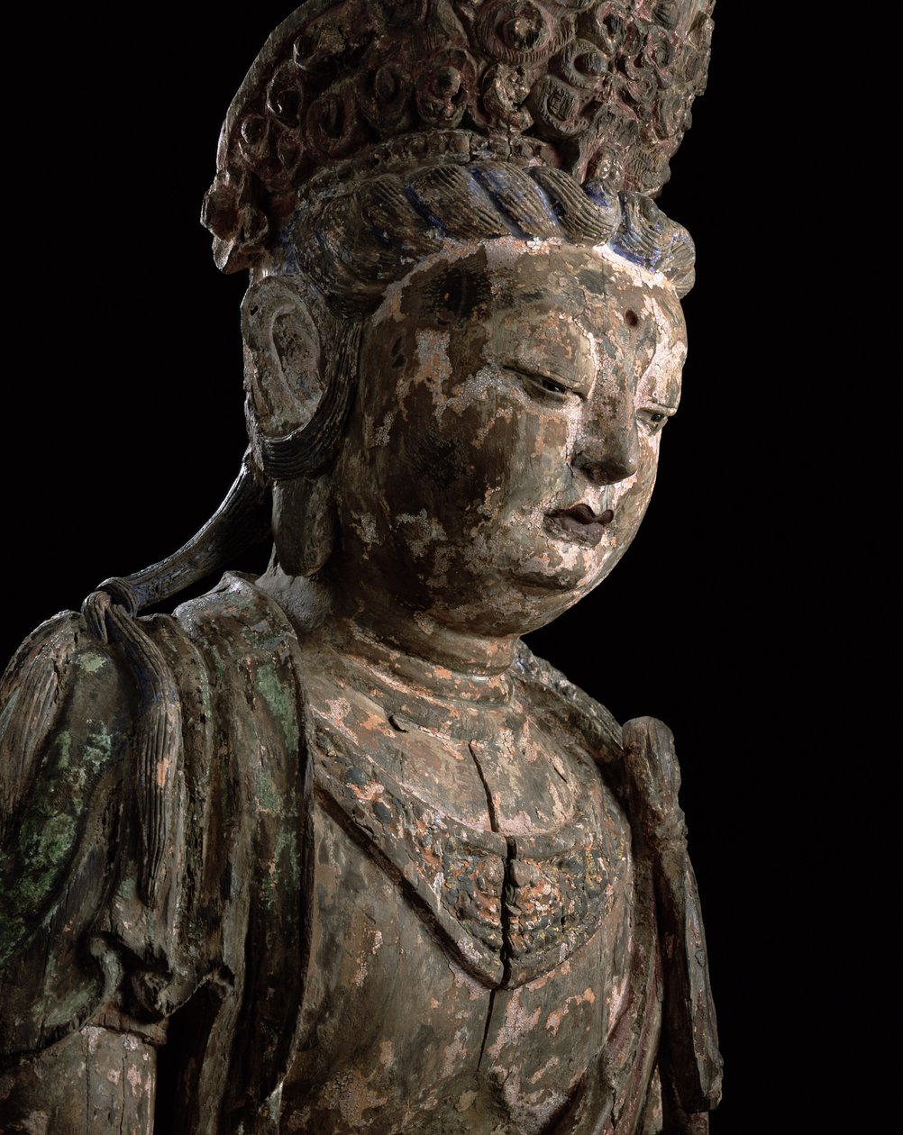 Duży siedzący bodhisattwa podczas medytacji, dynastia Jin (1115-1234) (drewno i pigment) (szczegóły) (patrz 206544) autorstwa Chinese School