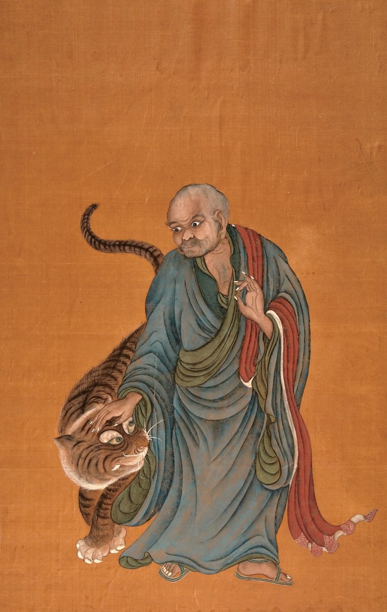 Lohan z Tygrysem, koniec XVIII do początku XIX wieku (kolor na jedwabiu) autorstwa Chinese School