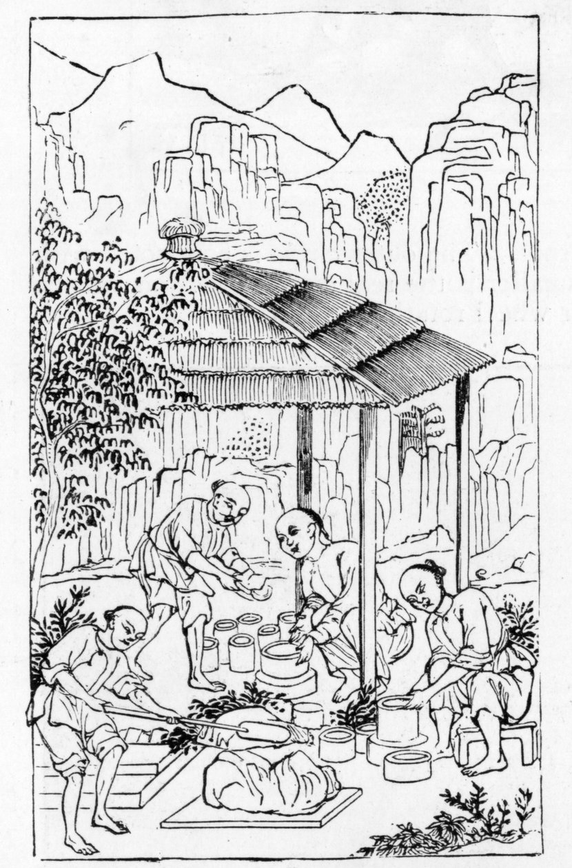 Wykonywanie pudełek z grubej gliny do przechowywania porcelany w piecu, na podstawie serii ilustracji dotyczących produkcji porcelany (patrz 384116 i 384117 dla całych serii) autorstwa Chinese School