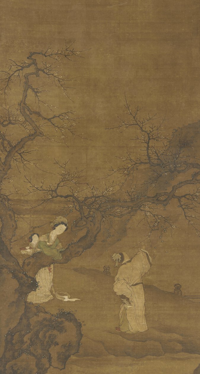 Mężczyzna i kobieta cieszący się kwiatami śliwy, dynastia Ming lub Qing, XV-XVIII w. autorstwa Chinese School