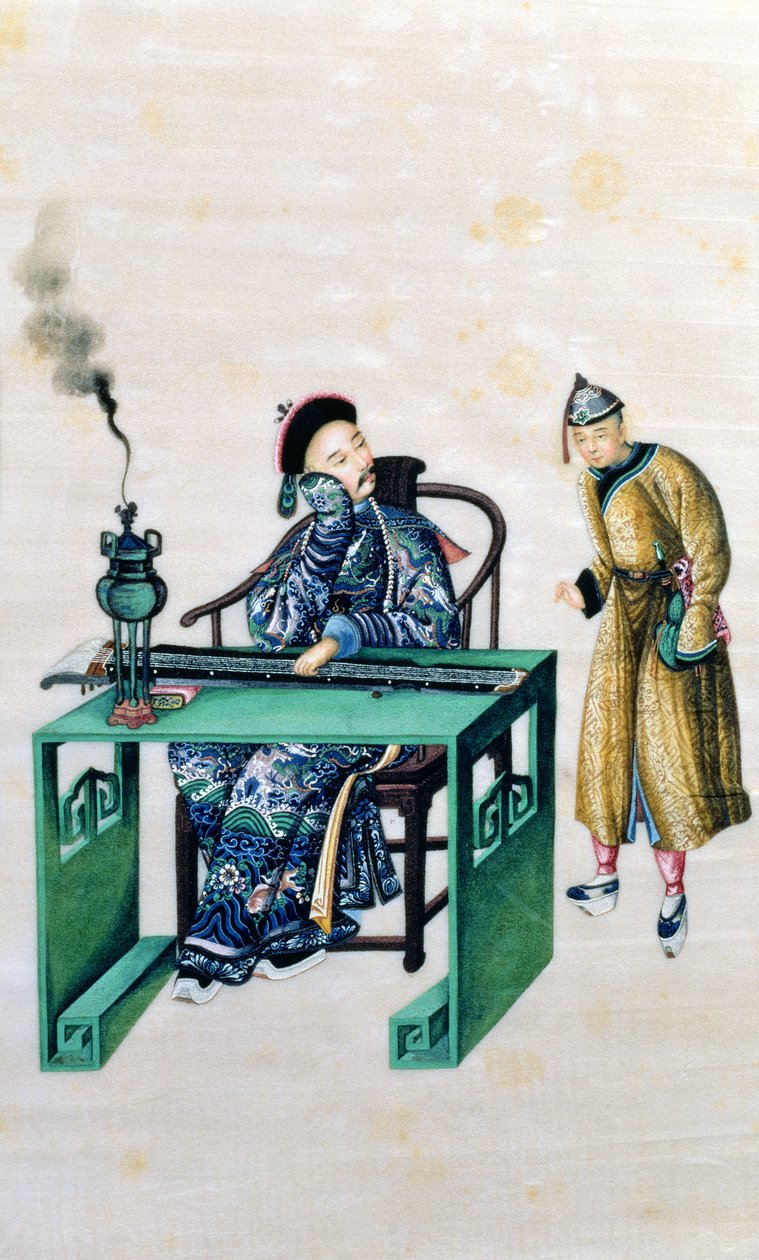 Mężczyzna z długą cytrą przy stole ze sługą autorstwa Chinese School