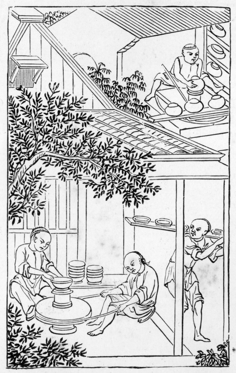 Formowanie i umieszczanie na kole garncarskim, z serii ilustracji dotyczących produkcji porcelany (patrz 384116 i 384117 dla całych serii) autorstwa Chinese School