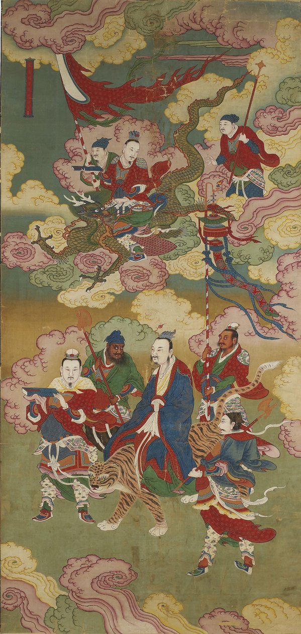 Emisariusze Numinous Treasure z buddyjskiej krainy i zestawu rytuałów wodnych (atrament, kolor i złoto na jedwabiu) autorstwa Chinese School
