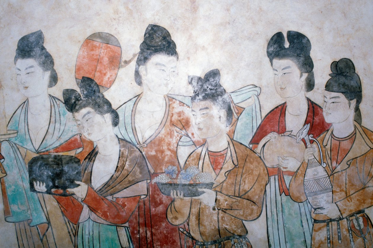 Ofiarowanie prezentów, malowidło ścienne z grobowca Wu Tse Tiena, grobowce Chien, dynastia Tang, Chiny, Shan Xi, VIII w. autorstwa Chinese School