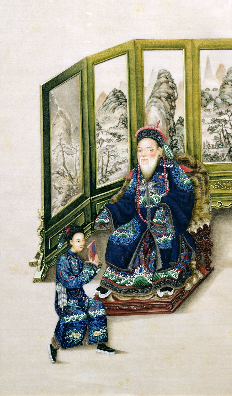 Stary człowiek siedzący ze sługą czytający autorstwa Chinese School