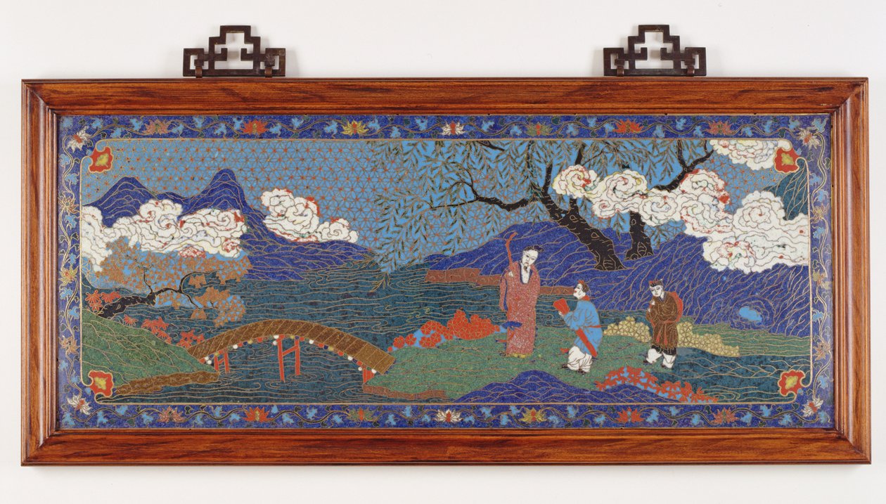 Panel przedstawiający chiński krajobraz, dynastia Ming (emalia cloisonne) autorstwa Chinese School