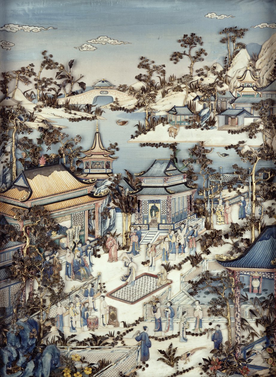 Tablica przedstawiająca dygnitarza z opiekunami obserwującymi tancerkę, okres Qianlong, 1736-95 (jedna z pary) (polichromowana kość słoniowa) (patrz 206572) autorstwa Chinese School
