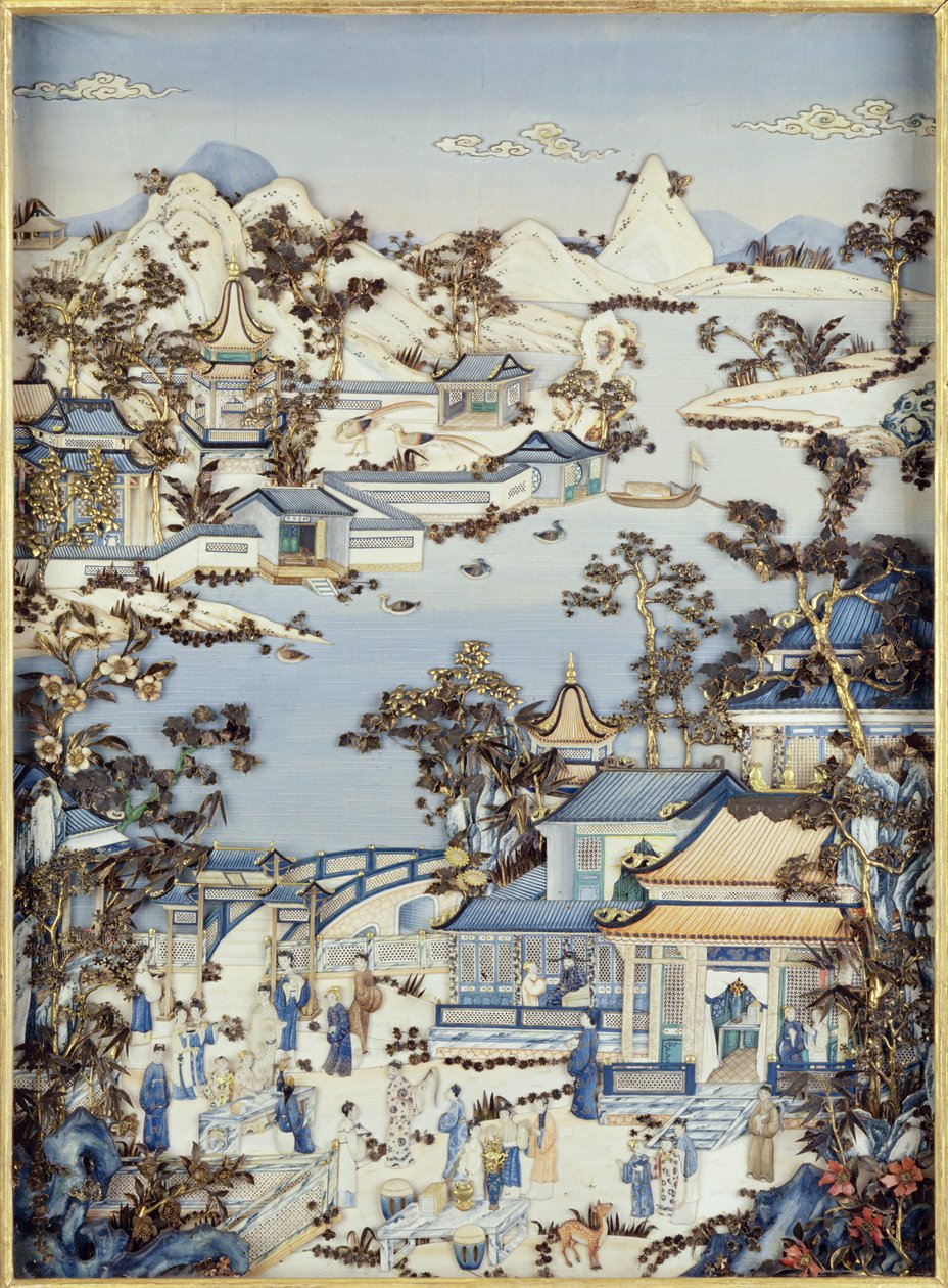 Panele przedstawiające postacie na tarasie, okres Qianlong, 1736-95 (polichromowana kość słoniowa) (jedna z pary) (patrz 206571, 206573) autorstwa Chinese School
