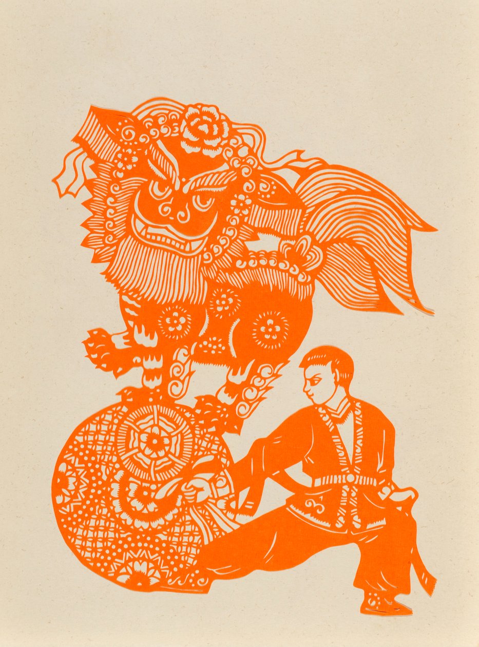 Papercut przedstawiający taniec lwa (wycięty papier) autorstwa Chinese School