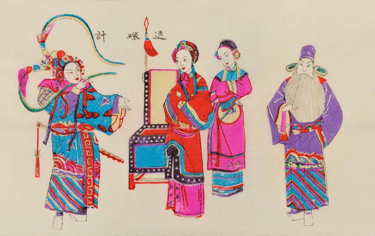 Nadruk chińskiej sceny operowej (kolorowy drzeworyt na papierze) autorstwa Chinese School