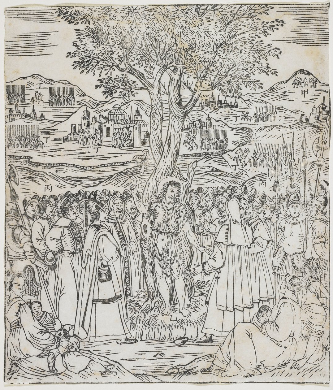 Kazanie św. Jana Chrzciciela, płyta z Giulio Alenis Tianzhu jiangsheng zhuxiang jingjie (Ilustrowana historia Pana Nieba, który stał się wcielony w ciele), kościół Jinjiang, Fujian autorstwa Chinese School