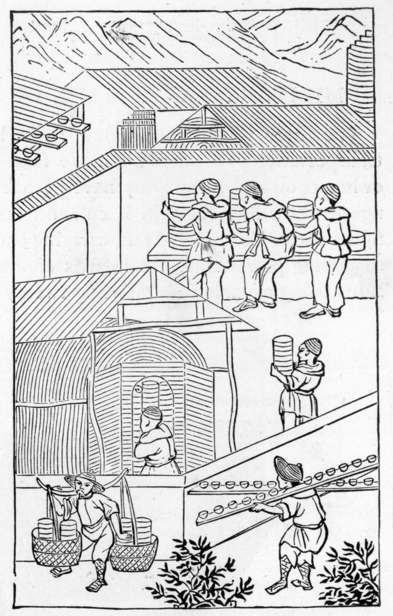 Scena działań w fabryce porcelany, z serii ilustracji dotyczących produkcji porcelany (patrz 384116 i 384117 dla całej serii) autorstwa Chinese School