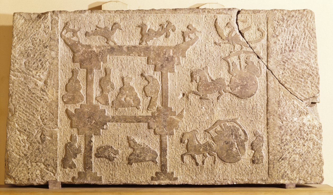 Płyta ozdobiona karetami i mitycznymi ptakami, Dynastia Han (206 pne-AD 220) (piaskowiec) autorstwa Chinese School