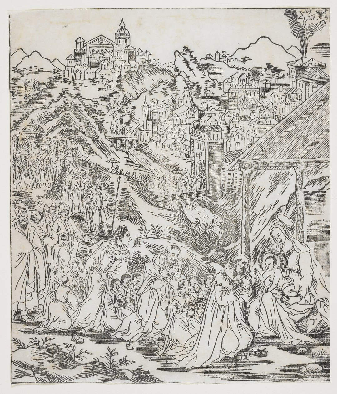 Adoracja Chrystusa, płyta Giulio Alenis Tianzhu jiangsheng zhuxiang jingjie (Ilustrowana historia Pana Nieba, który wcielił się w ciało), kościół Jinjiang, prowincja Fujian autorstwa Chinese School